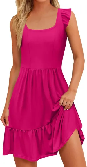 Womens Summer Sleeveless A Line Short Sundress 2025 Casual Printed Pleated Vacation Dress Boho U Neck Swing Dresses
