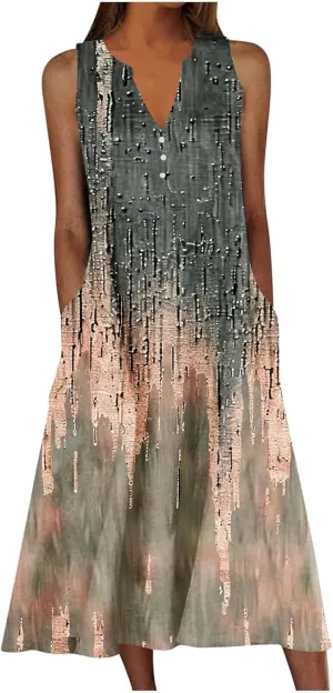 Women's Summer Vintage Midi Dress Floral Print Sleeveless V Neck Dresses Casual Loose Lightweight Beach Clothes