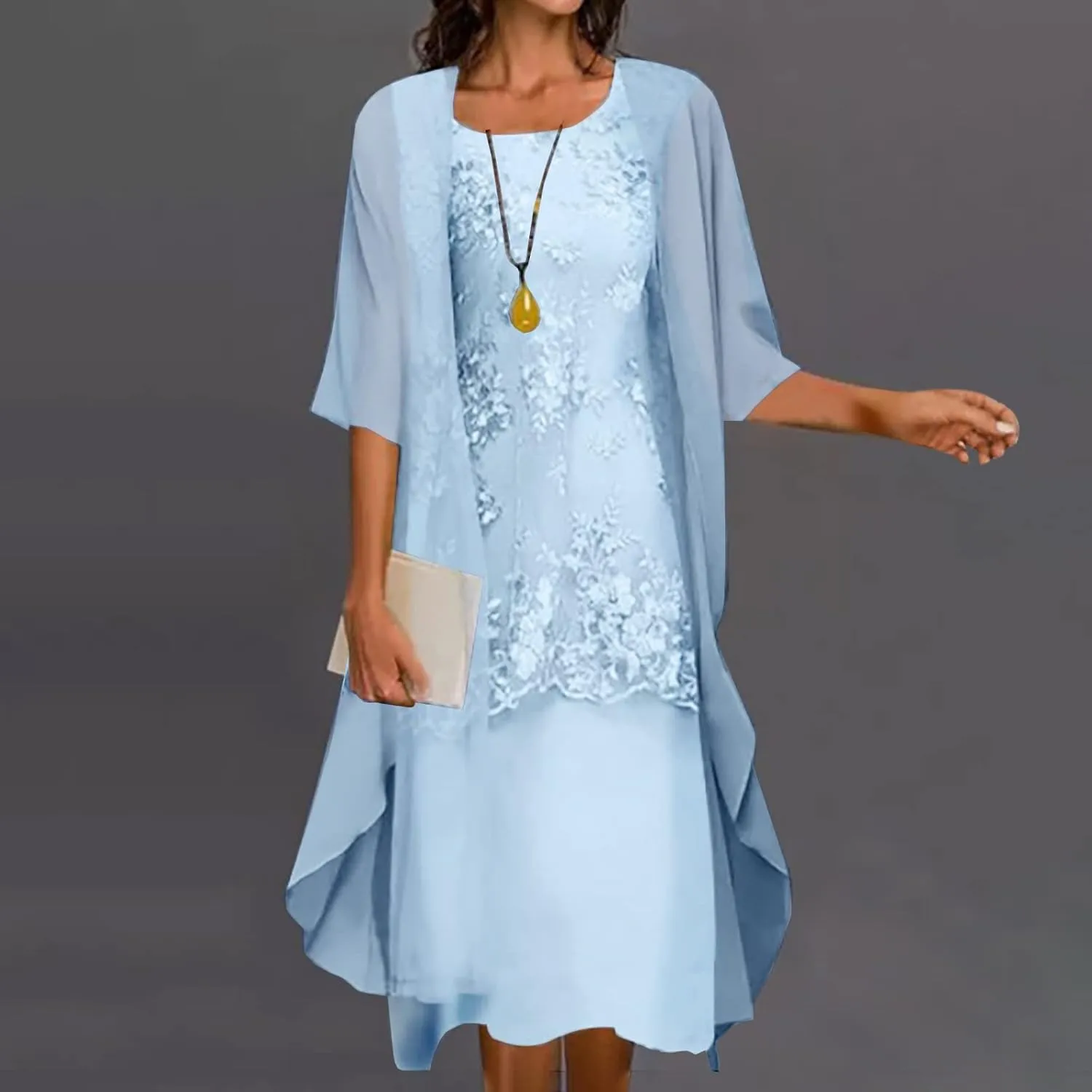 Women's Two-Piece Set Floral Print Dress with Cardigan Chiffon Flowy Midi Sleeveless Plus Size Wedding Guest Dresses