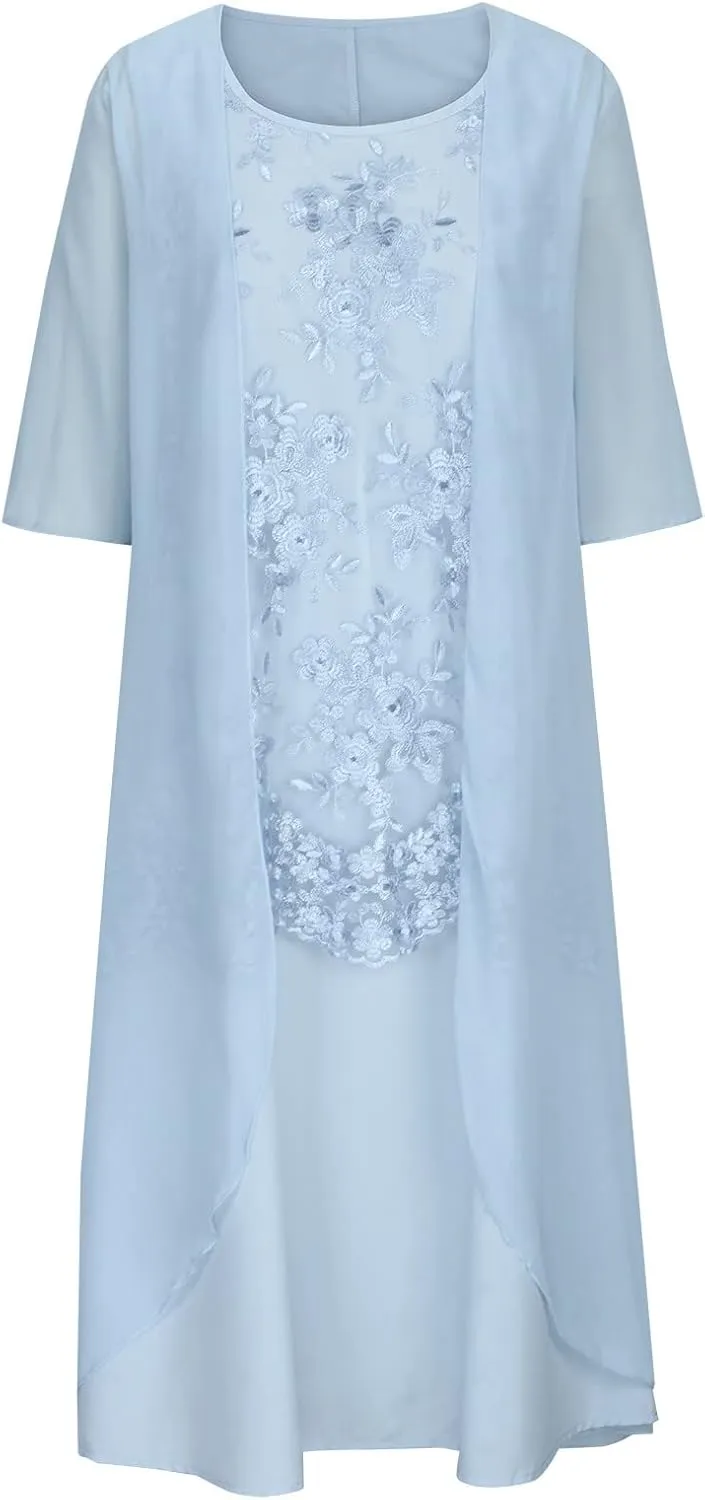 Women's Two-Piece Set Floral Print Dress with Cardigan Chiffon Flowy Midi Sleeveless Plus Size Wedding Guest Dresses