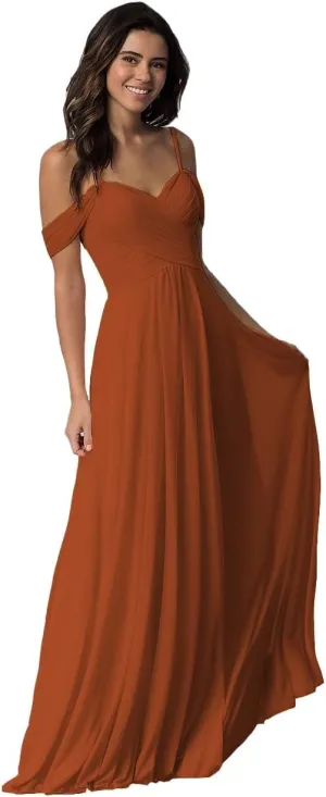 Women's V Neck Off The Shoulder Bridesmaid Dresses with Pockets Ruched Chiffon Long Slit Formal Evening Gown