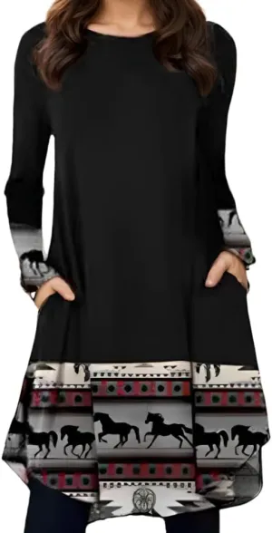 Women's Vintage Ethnic Floral Crew Neck Tunic Midi Dress Fall Loose Long Sleeve Plus Size Swing Dresses with 2 Pockets