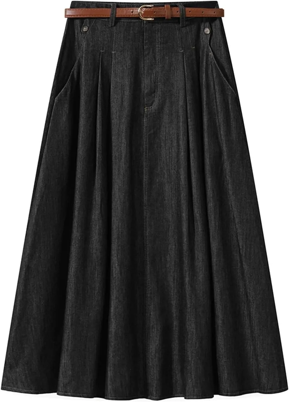 Women's Vintage High Waist A-Line Denim Midi Skirt - Pleated Lightweight for Casual Daily