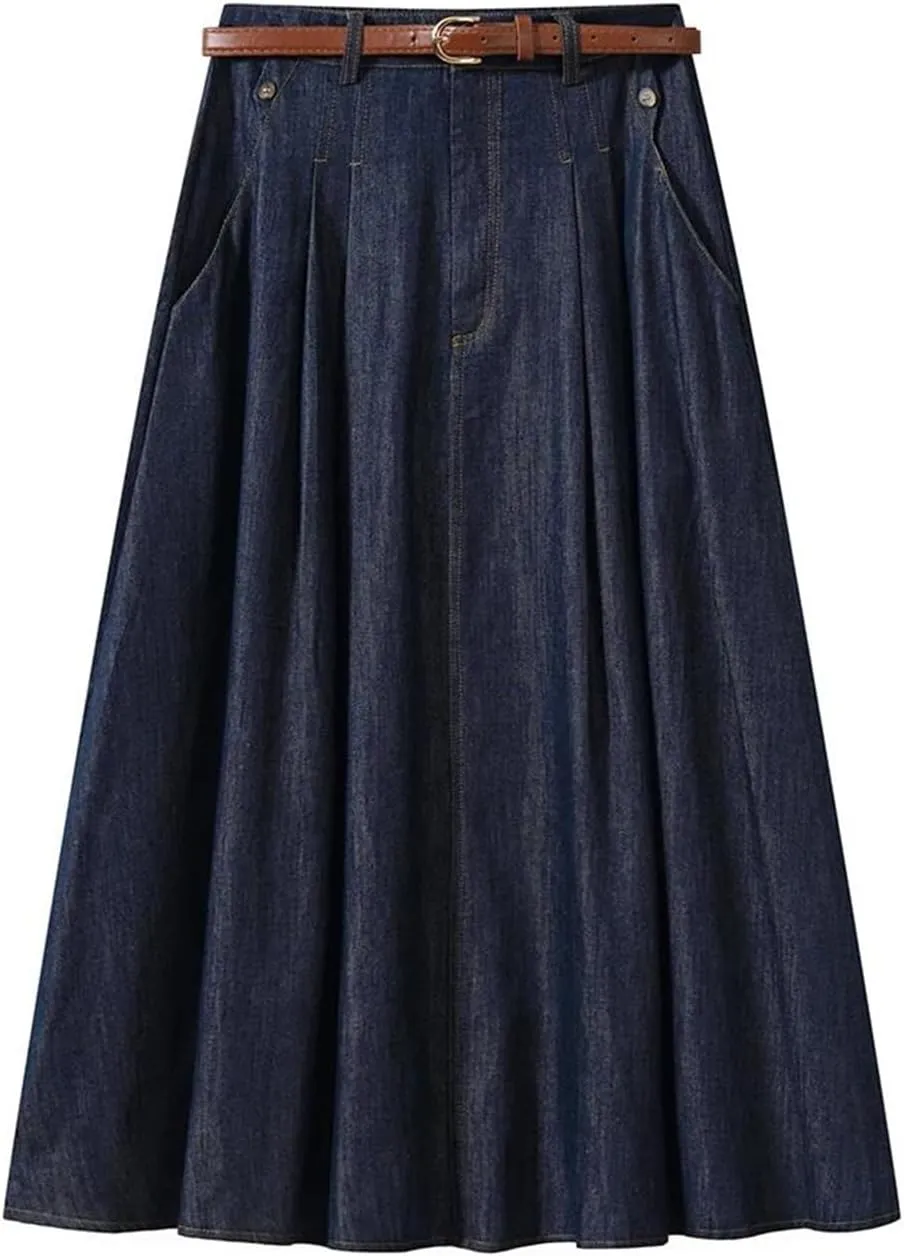 Women's Vintage High Waist A-Line Denim Midi Skirt - Pleated Lightweight for Casual Daily