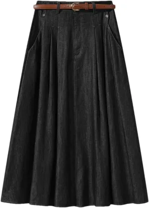 Women's Vintage High Waist A-Line Denim Midi Skirt - Pleated Lightweight for Casual Daily