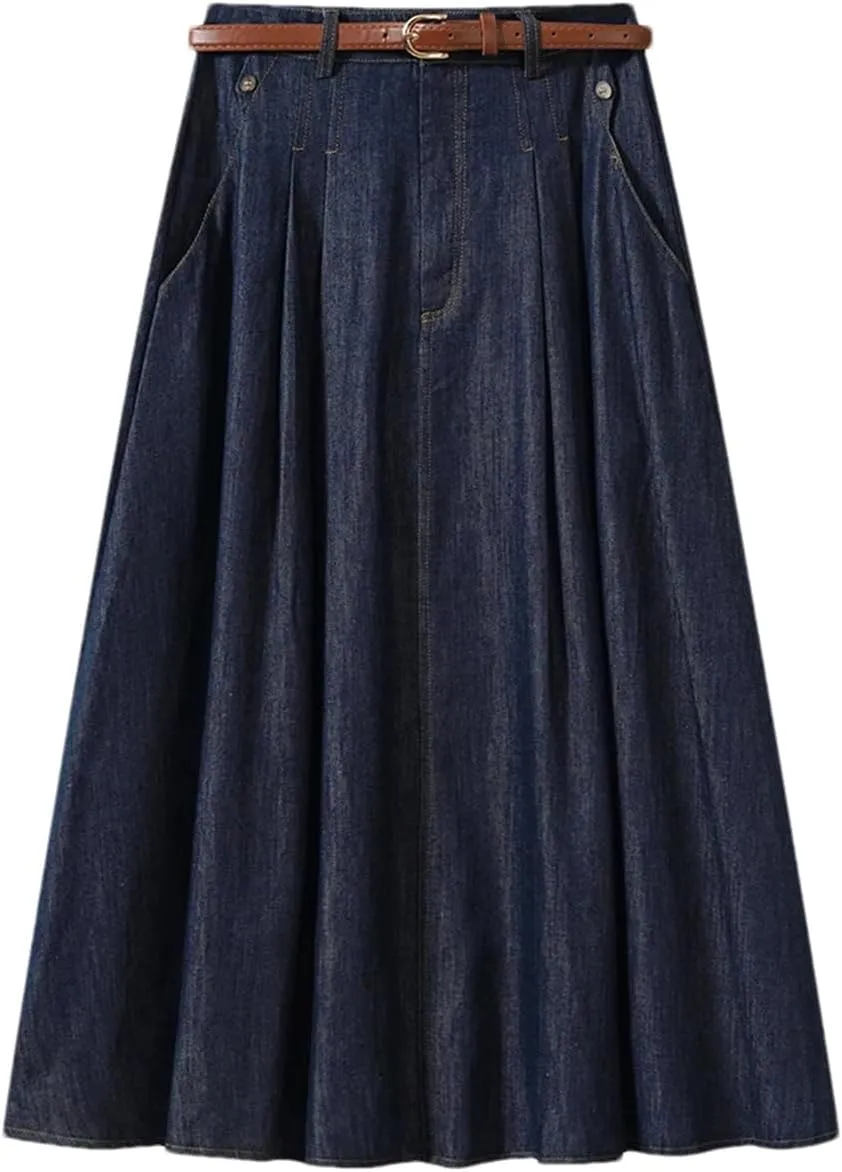 Women's Vintage High Waist A-Line Denim Midi Skirt - Pleated Lightweight for Casual Daily