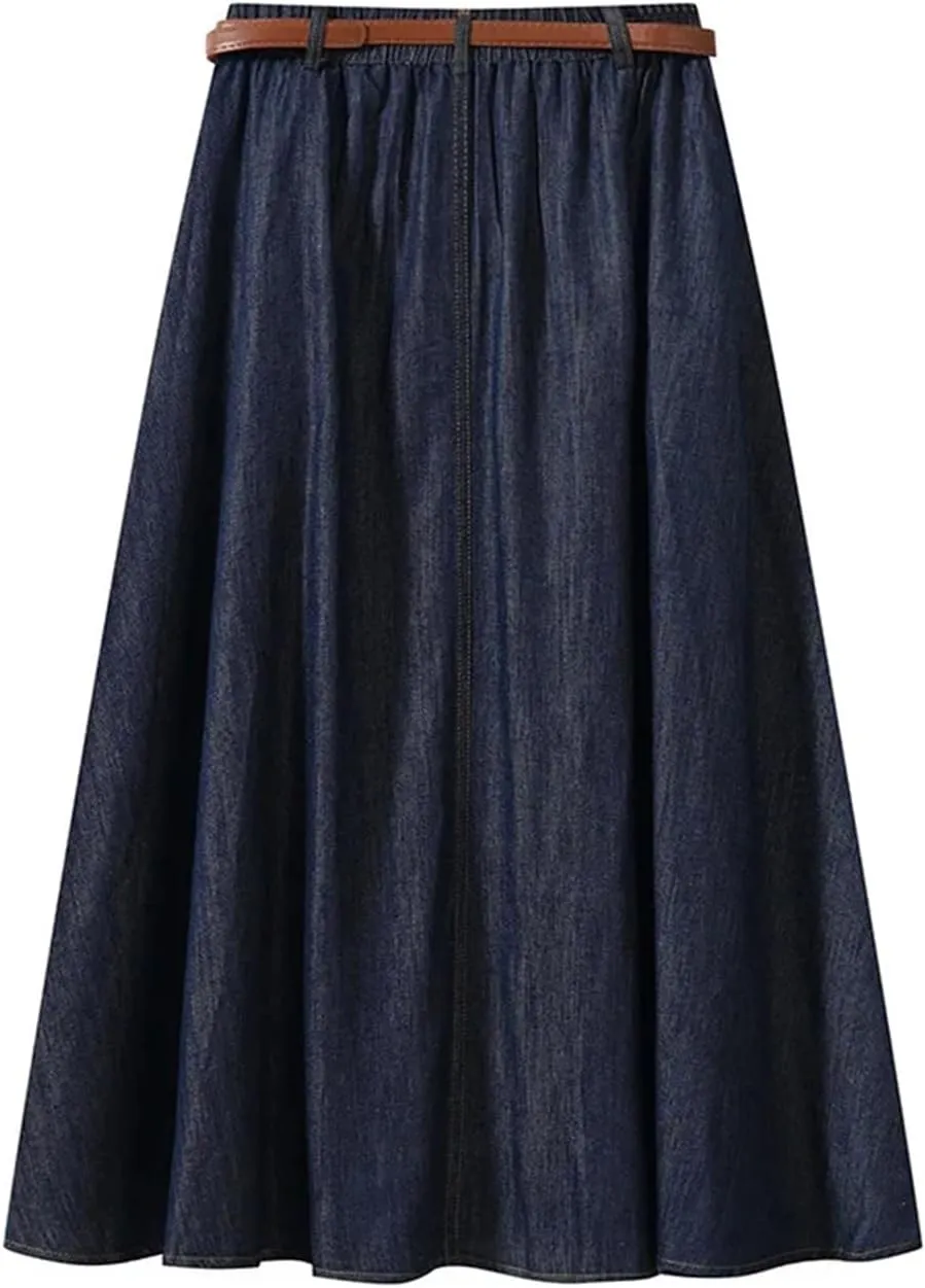Women's Vintage High Waist A-Line Denim Midi Skirt - Pleated Lightweight for Casual Daily