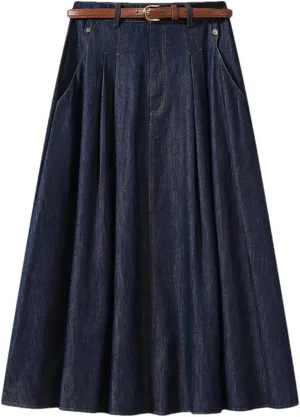 Women's Vintage High Waist A-Line Denim Midi Skirt - Pleated Lightweight for Casual Daily