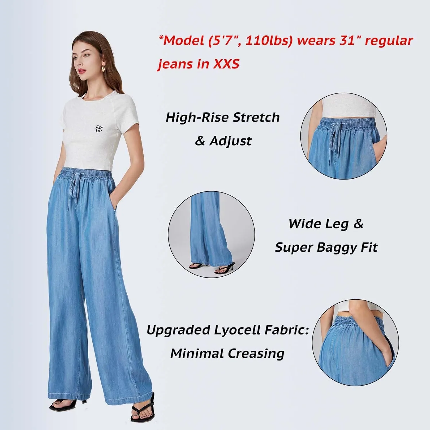 Womens Wide Leg High Rise Jeans Elastic Waist with Drawstring (29/31")