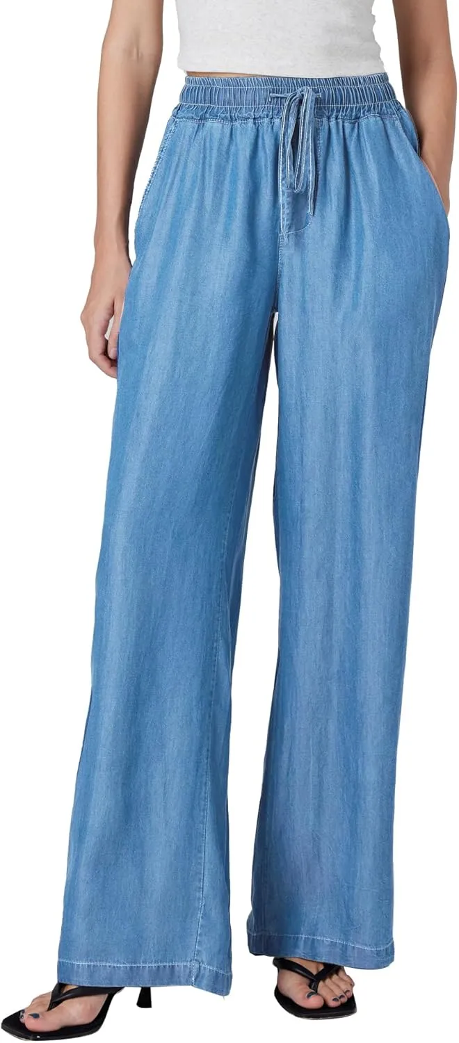 Womens Wide Leg High Rise Jeans Elastic Waist with Drawstring (29/31")