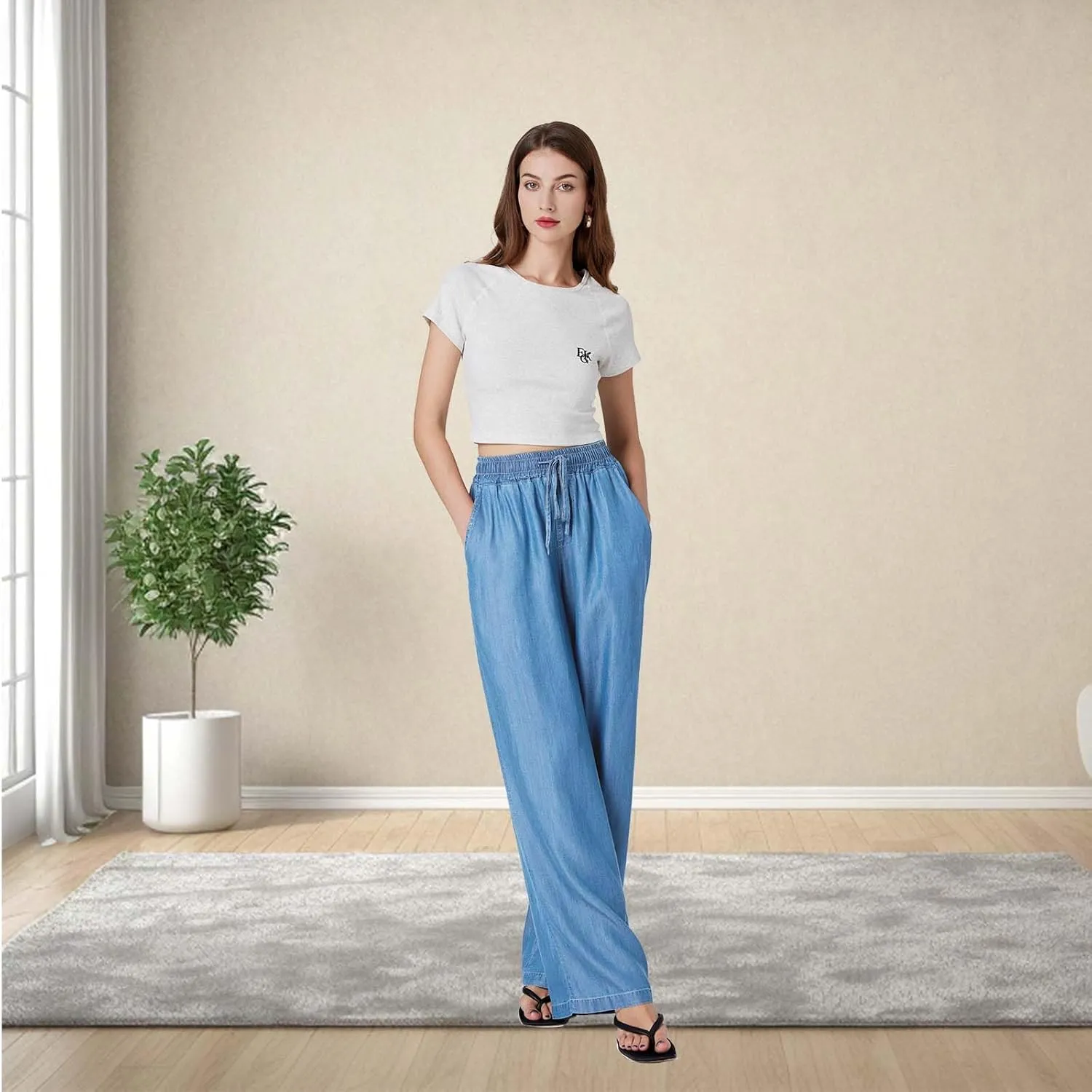 Womens Wide Leg High Rise Jeans Elastic Waist with Drawstring (29/31")