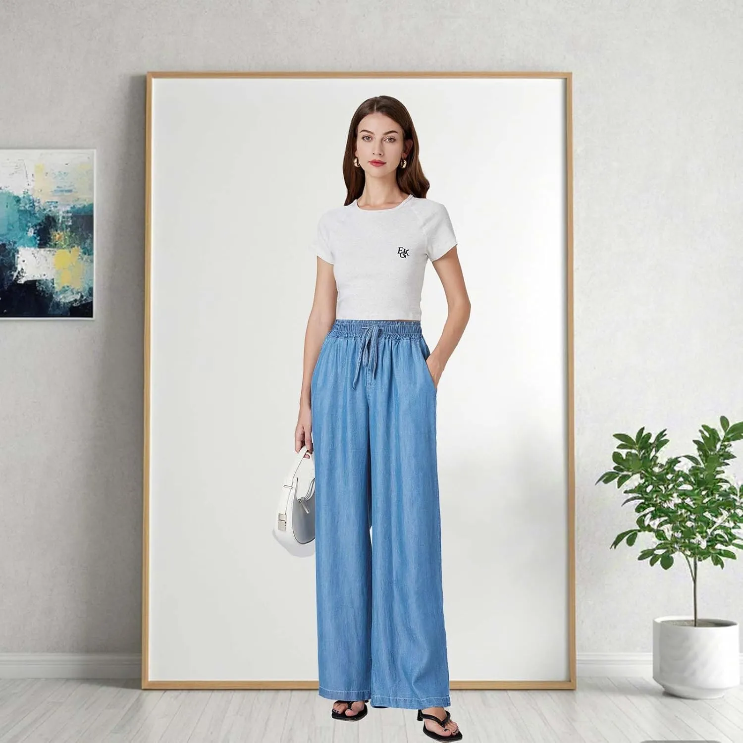 Womens Wide Leg High Rise Jeans Elastic Waist with Drawstring (29/31")