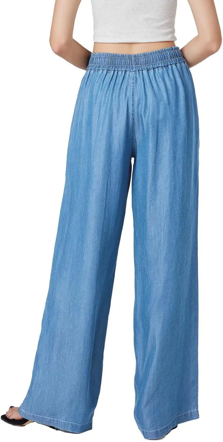 Womens Wide Leg High Rise Jeans Elastic Waist with Drawstring (29/31")
