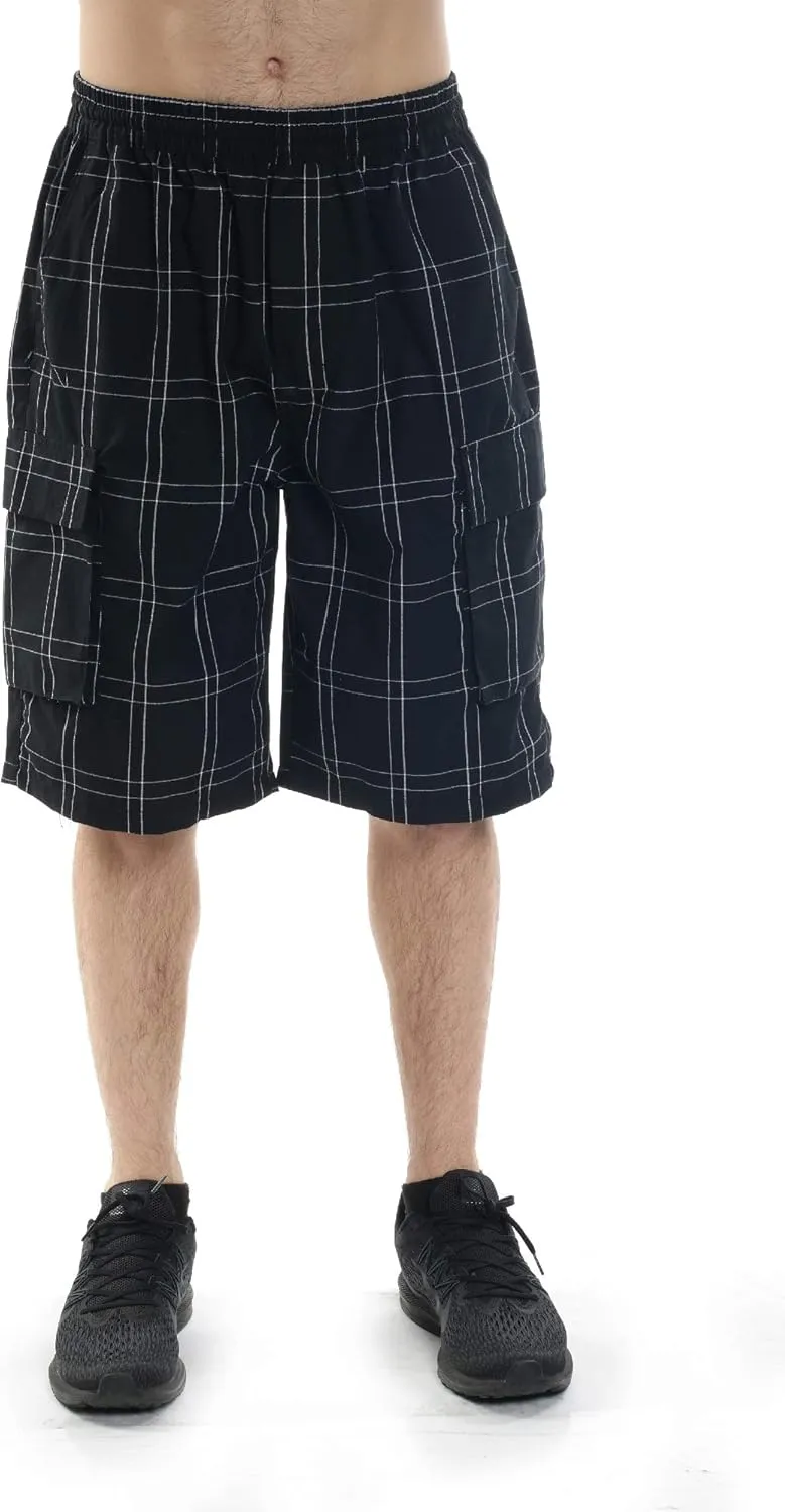 YAGO Men's Elastic Waist Drawstring Relaxed Fit Plaid Cargo Shorts S-5XL