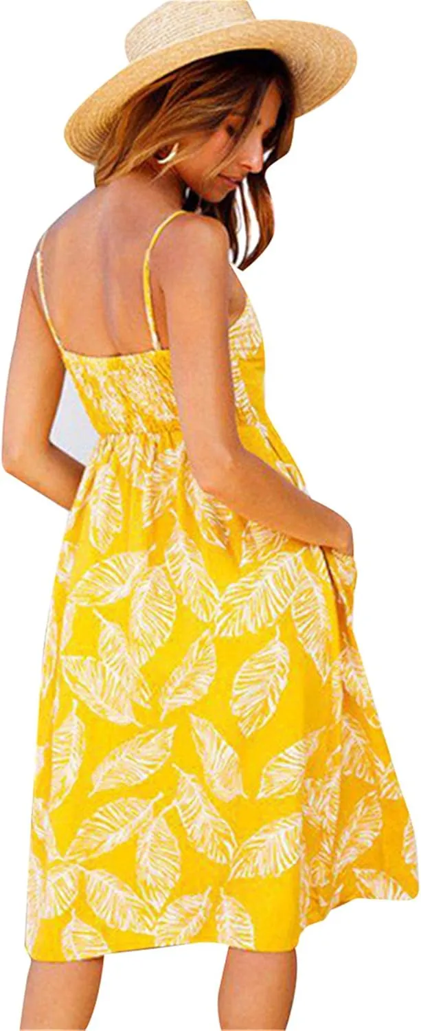 YMING Womens Summer Spaghetti Strap Dresses Button Down Floral Sundress High Waist Swing Midi Dress with Pockets