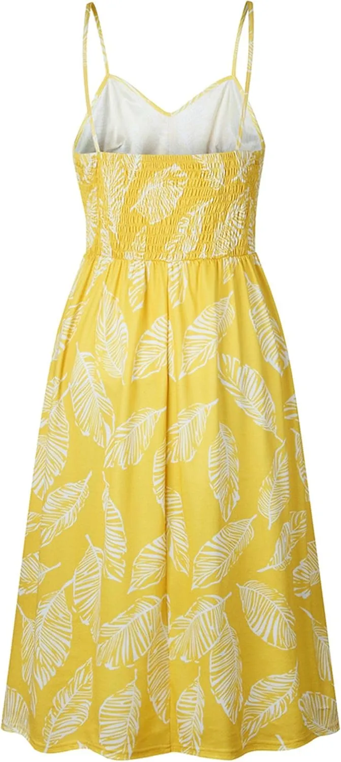 YMING Womens Summer Spaghetti Strap Dresses Button Down Floral Sundress High Waist Swing Midi Dress with Pockets