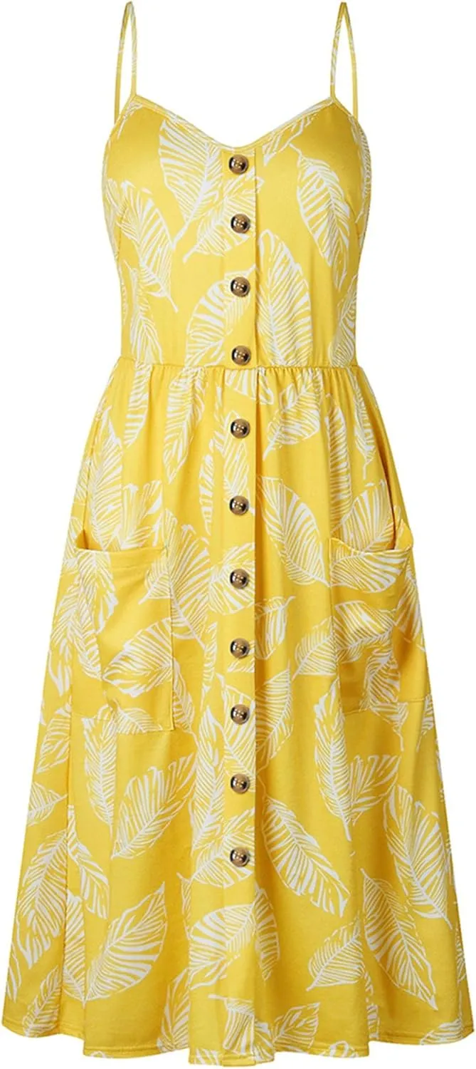 YMING Womens Summer Spaghetti Strap Dresses Button Down Floral Sundress High Waist Swing Midi Dress with Pockets