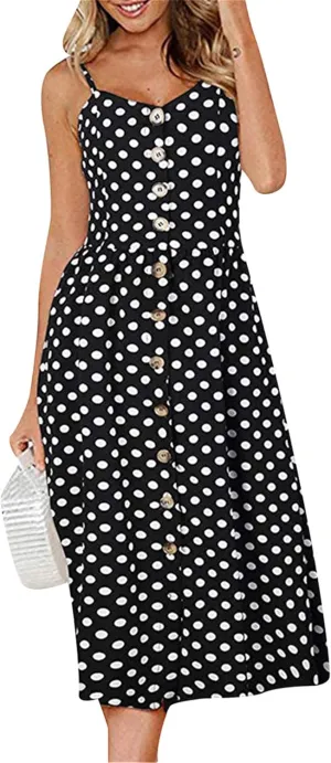 YMING Womens Summer Spaghetti Strap Dresses Button Down Floral Sundress High Waist Swing Midi Dress with Pockets