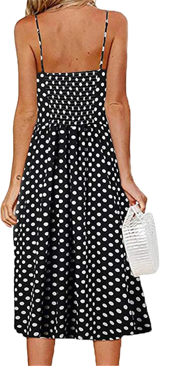 YMING Womens Summer Spaghetti Strap Dresses Button Down Floral Sundress High Waist Swing Midi Dress with Pockets