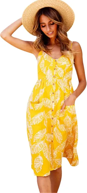 YMING Womens Summer Spaghetti Strap Dresses Button Down Floral Sundress High Waist Swing Midi Dress with Pockets