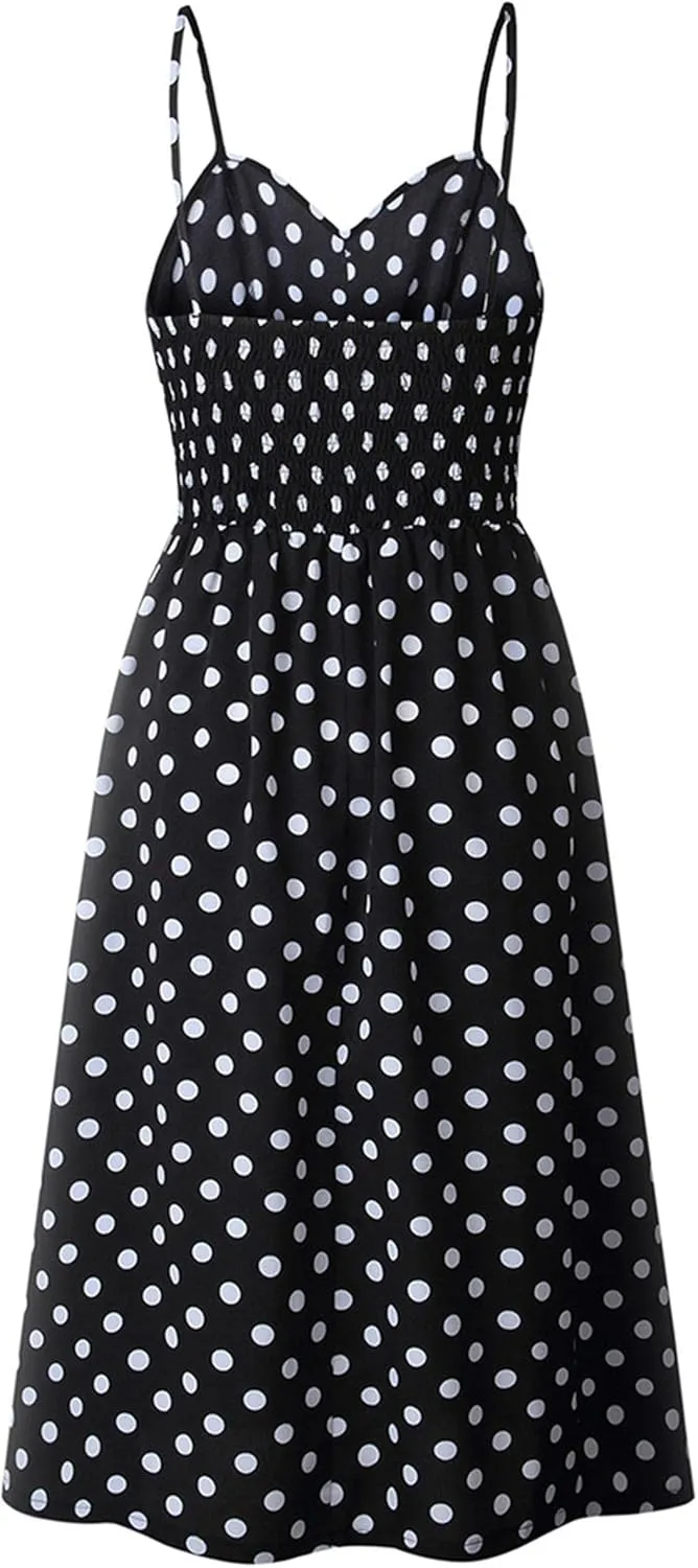 YMING Womens Summer Spaghetti Strap Dresses Button Down Floral Sundress High Waist Swing Midi Dress with Pockets
