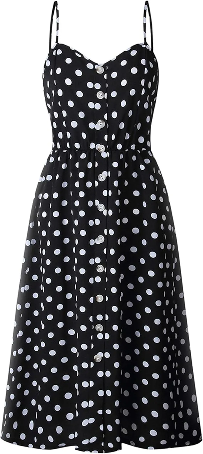 YMING Womens Summer Spaghetti Strap Dresses Button Down Floral Sundress High Waist Swing Midi Dress with Pockets