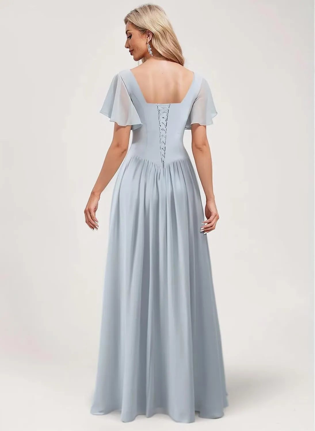 YMSHA Short Sleeve Bridesmaid Dresses for Women A Line Square Neck Formal Party Dress YMS440