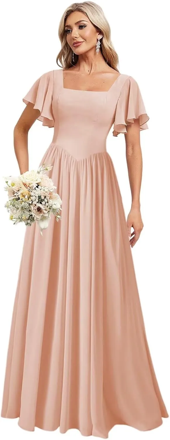 YMSHA Short Sleeve Bridesmaid Dresses for Women A Line Square Neck Formal Party Dress YMS440