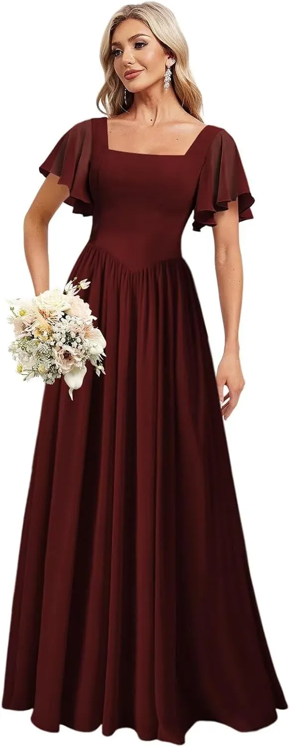 YMSHA Short Sleeve Bridesmaid Dresses for Women A Line Square Neck Formal Party Dress YMS440
