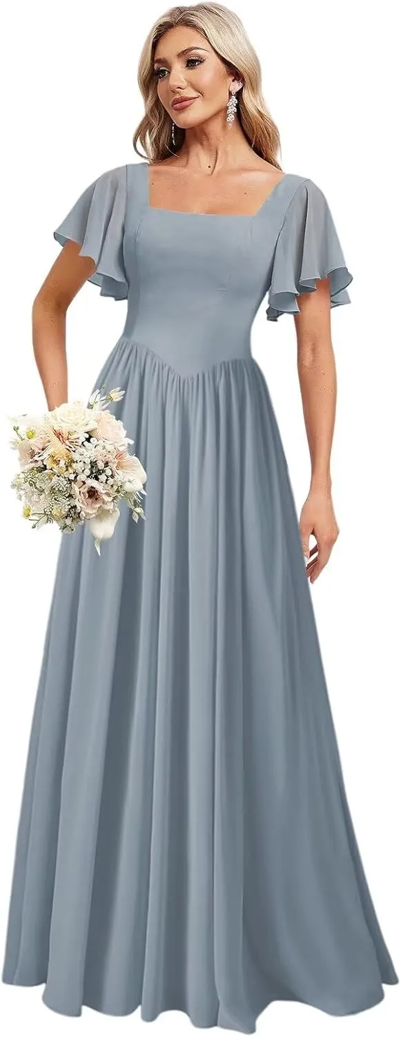 YMSHA Short Sleeve Bridesmaid Dresses for Women A Line Square Neck Formal Party Dress YMS440