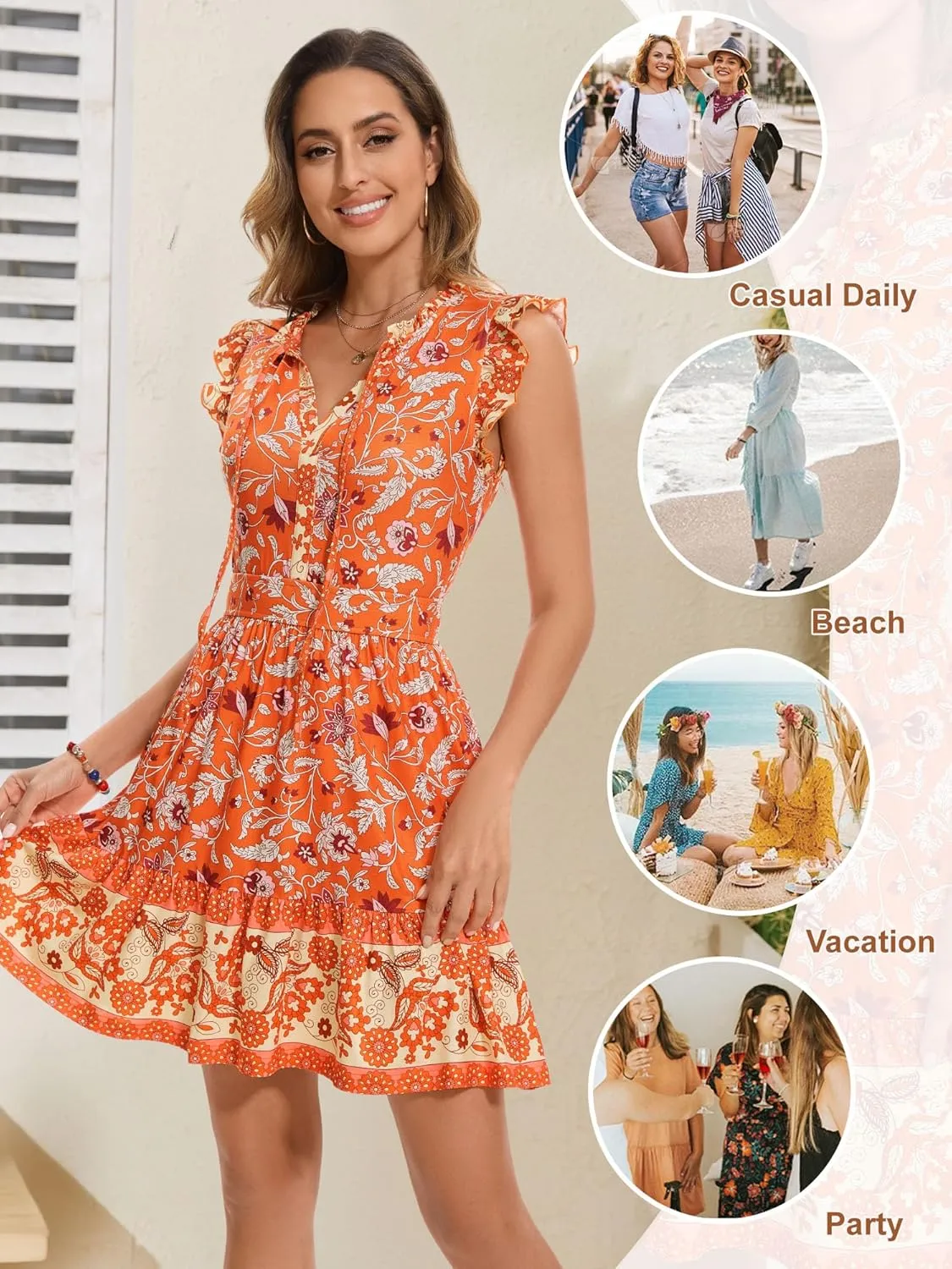 ZABERRY Womens Casual Summer Dresses Drawstring V Neck Tiered Boho Floral Sundress Vacation Mini Dress
