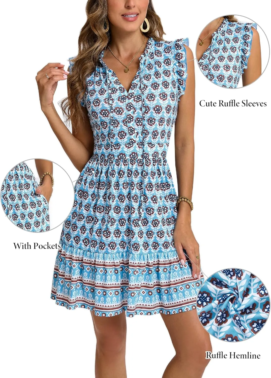 ZABERRY Womens Casual Summer Dresses Drawstring V Neck Tiered Boho Floral Sundress Vacation Mini Dress
