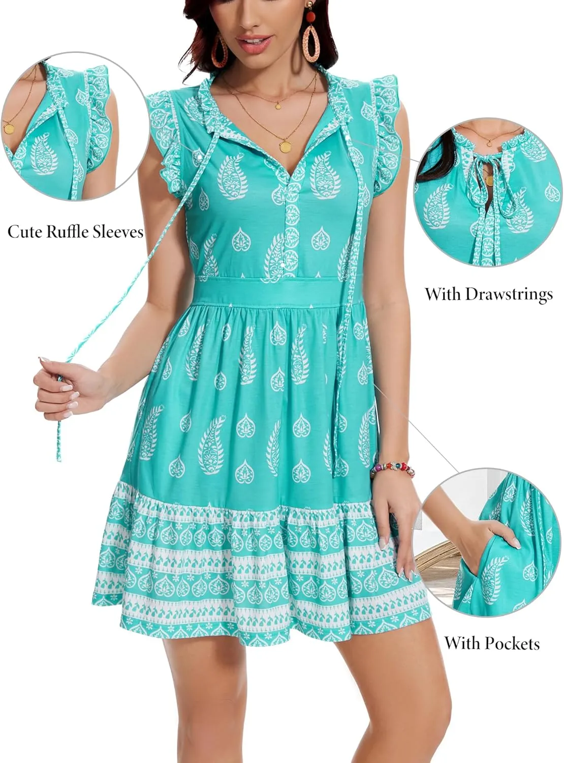 ZABERRY Womens Casual Summer Dresses Drawstring V Neck Tiered Boho Floral Sundress Vacation Mini Dress