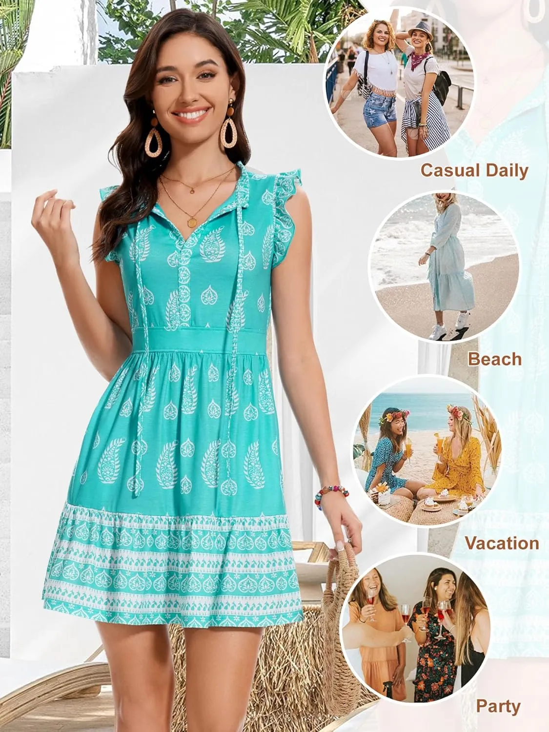 ZABERRY Womens Casual Summer Dresses Drawstring V Neck Tiered Boho Floral Sundress Vacation Mini Dress