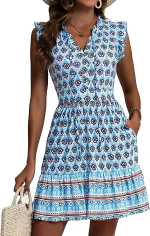 ZABERRY Womens Casual Summer Dresses Drawstring V Neck Tiered Boho Floral Sundress Vacation Mini Dress
