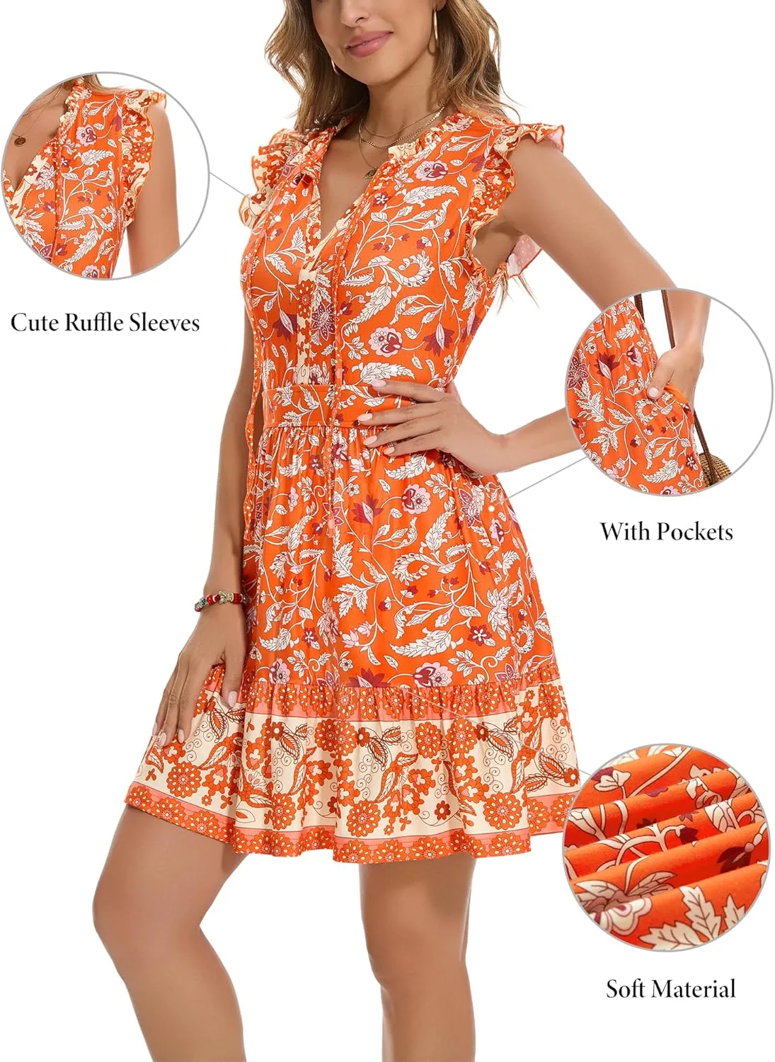 ZABERRY Womens Casual Summer Dresses Drawstring V Neck Tiered Boho Floral Sundress Vacation Mini Dress