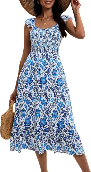 ZABERRY Womens Summer Smocked Dress 2025 Sweetheart Neckline Sundresses Ruffle Sleeve Elegant Floral Midi Dress