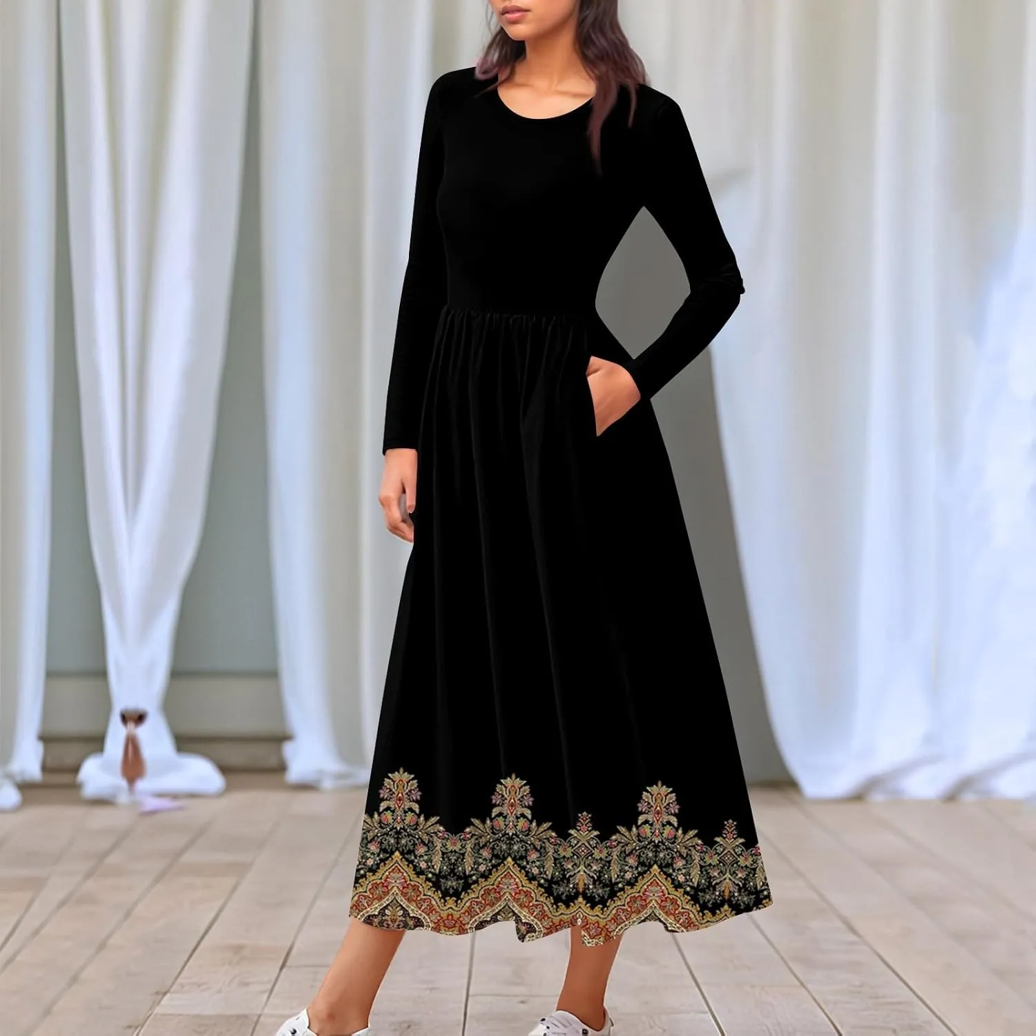 ZEFOTIM Long Sleeve Dress for Women Floral Dress with Pockets Long Dresses Crewneck Dress Spring Summer Dresses