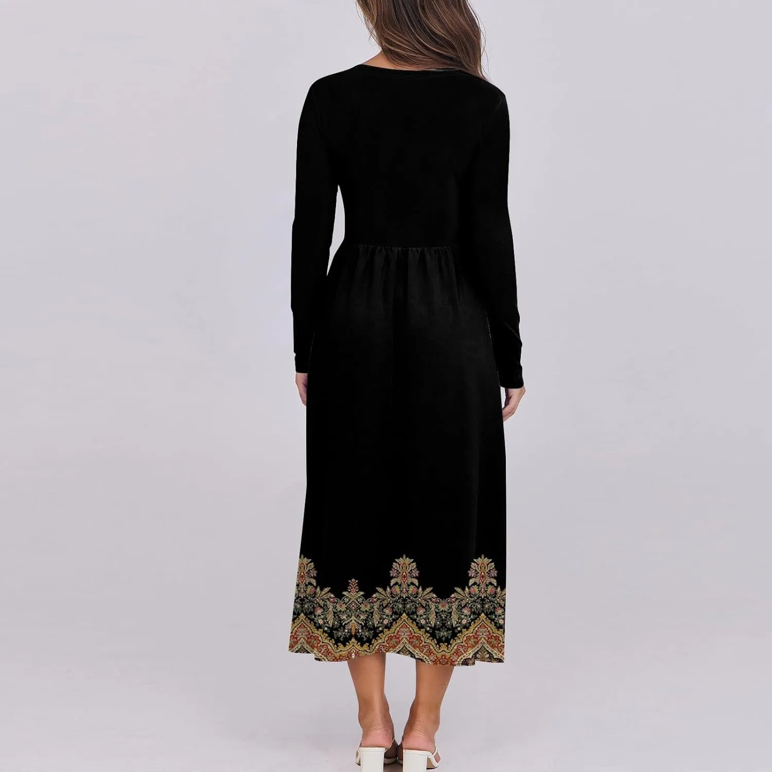 ZEFOTIM Long Sleeve Dress for Women Floral Dress with Pockets Long Dresses Crewneck Dress Spring Summer Dresses