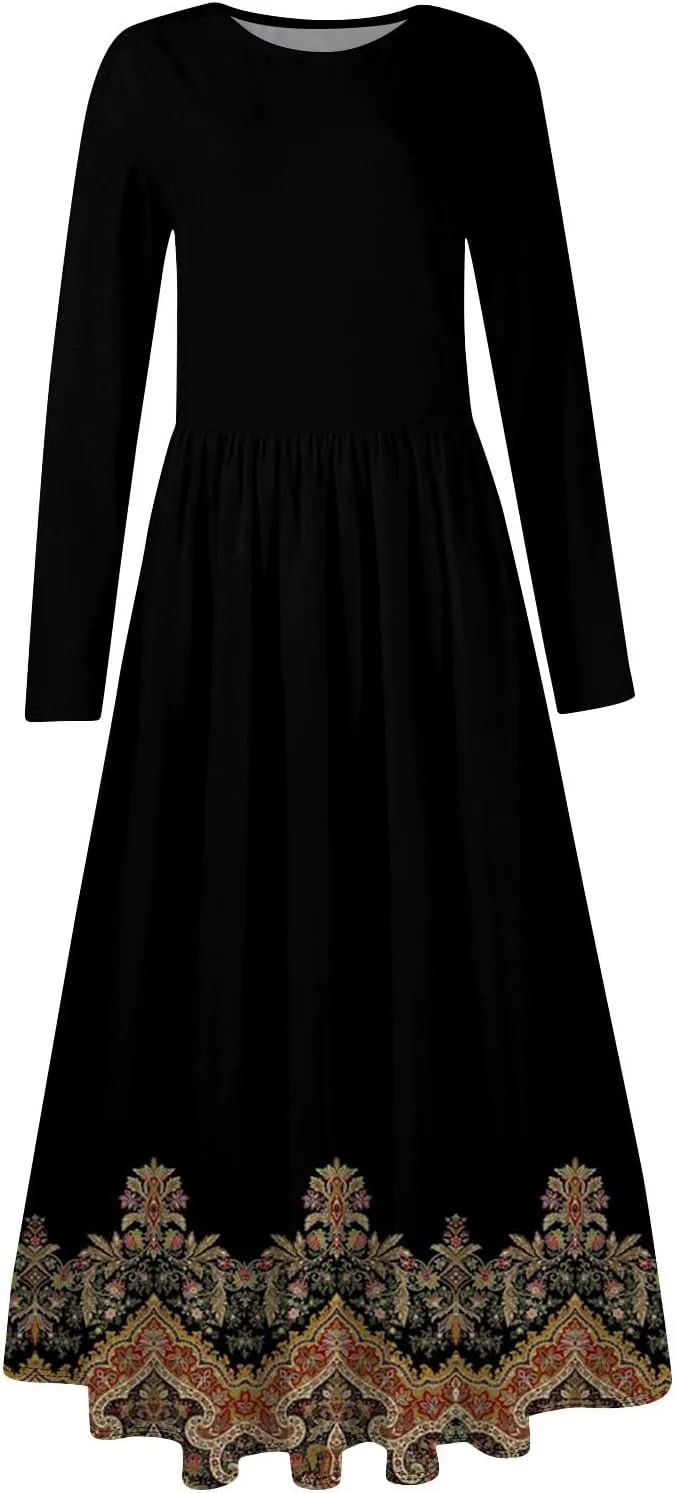 ZEFOTIM Long Sleeve Dress for Women Floral Dress with Pockets Long Dresses Crewneck Dress Spring Summer Dresses