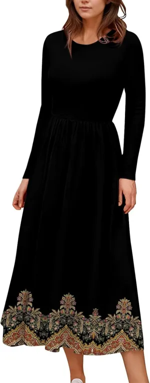 ZEFOTIM Long Sleeve Dress for Women Floral Dress with Pockets Long Dresses Crewneck Dress Spring Summer Dresses