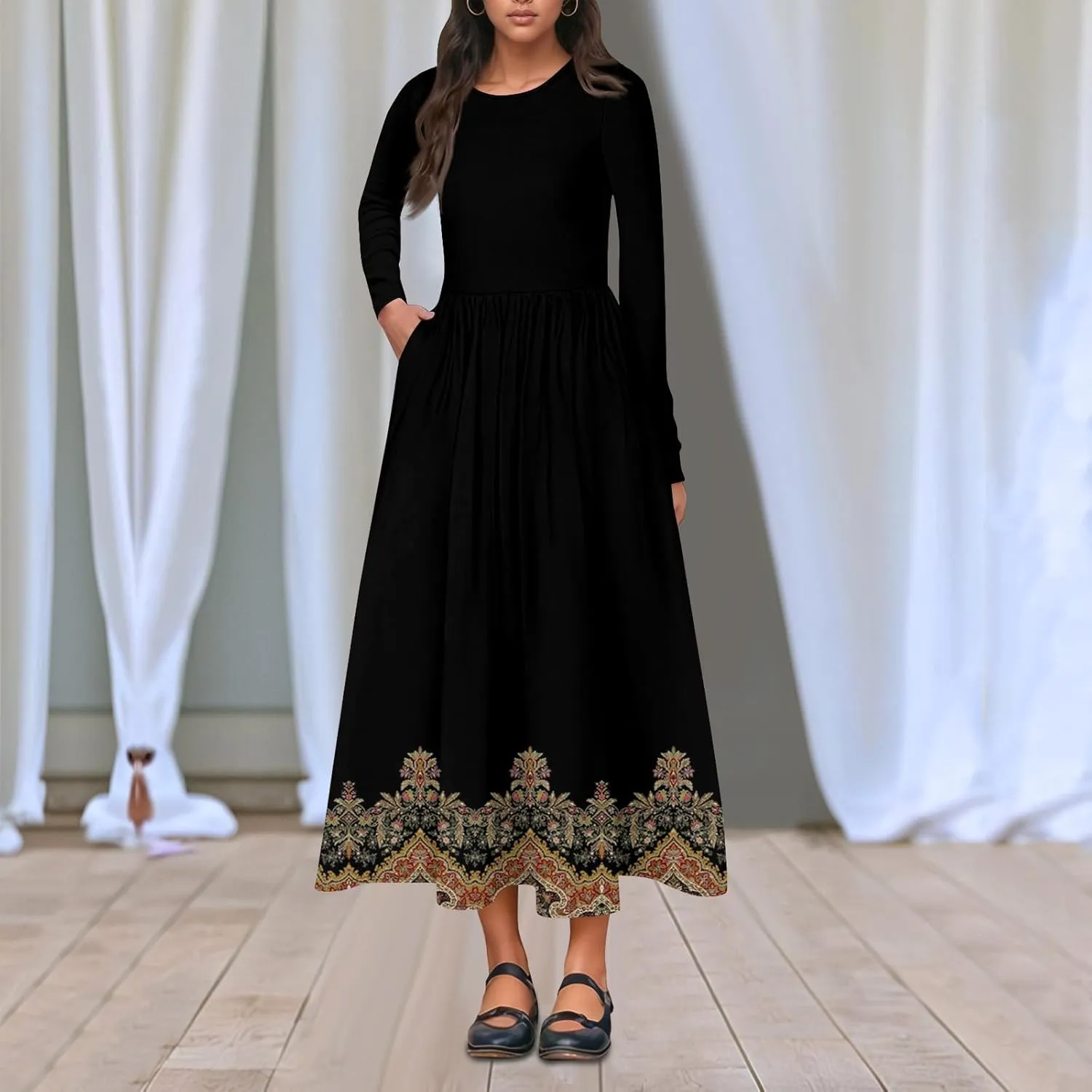 ZEFOTIM Long Sleeve Dress for Women Floral Dress with Pockets Long Dresses Crewneck Dress Spring Summer Dresses