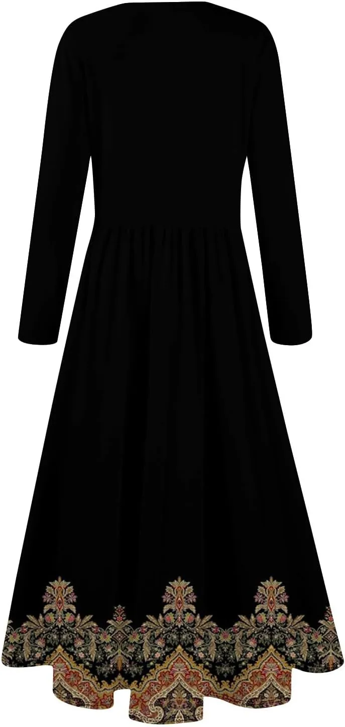 ZEFOTIM Long Sleeve Dress for Women Floral Dress with Pockets Long Dresses Crewneck Dress Spring Summer Dresses