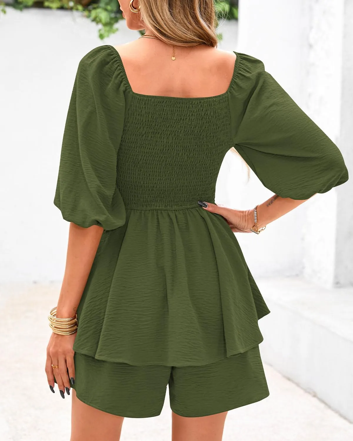 Zenlonr Women's Summer Romper 2025 Casual Puff Short Sleeve Ruffle Layer Tie Mini Short Jumpsuits Beach Party