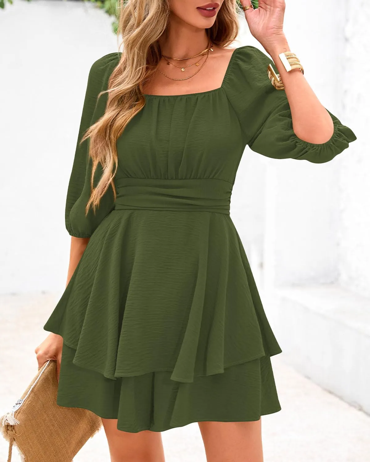 Zenlonr Women's Summer Romper 2025 Casual Puff Short Sleeve Ruffle Layer Tie Mini Short Jumpsuits Beach Party