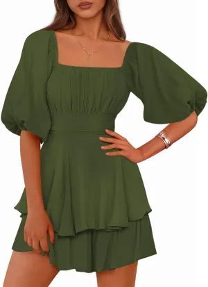 Zenlonr Women's Summer Romper 2025 Casual Puff Short Sleeve Ruffle Layer Tie Mini Short Jumpsuits Beach Party
