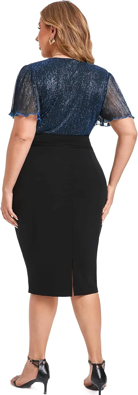 ZOMVA Plus Size Sparkly Bodycon Dress Ruffle Sleeve V Neck Wrap Midi Dresses Wedding Guest Business Work Cocktail Party
