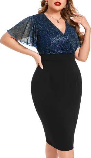 ZOMVA Plus Size Sparkly Bodycon Dress Ruffle Sleeve V Neck Wrap Midi Dresses Wedding Guest Business Work Cocktail Party