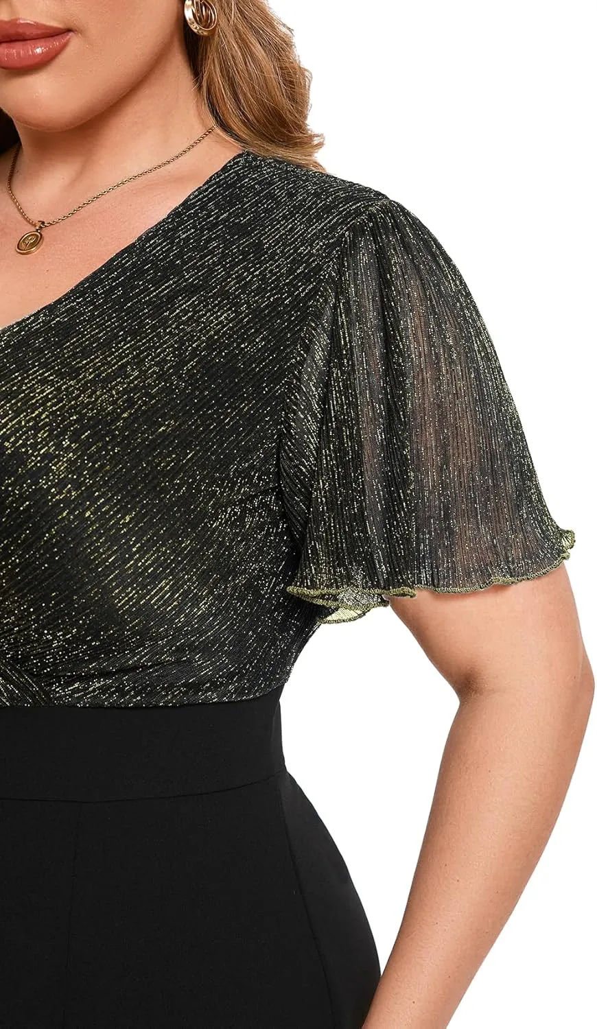 ZOMVA Plus Size Sparkly Bodycon Dress Ruffle Sleeve V Neck Wrap Midi Dresses Wedding Guest Business Work Cocktail Party