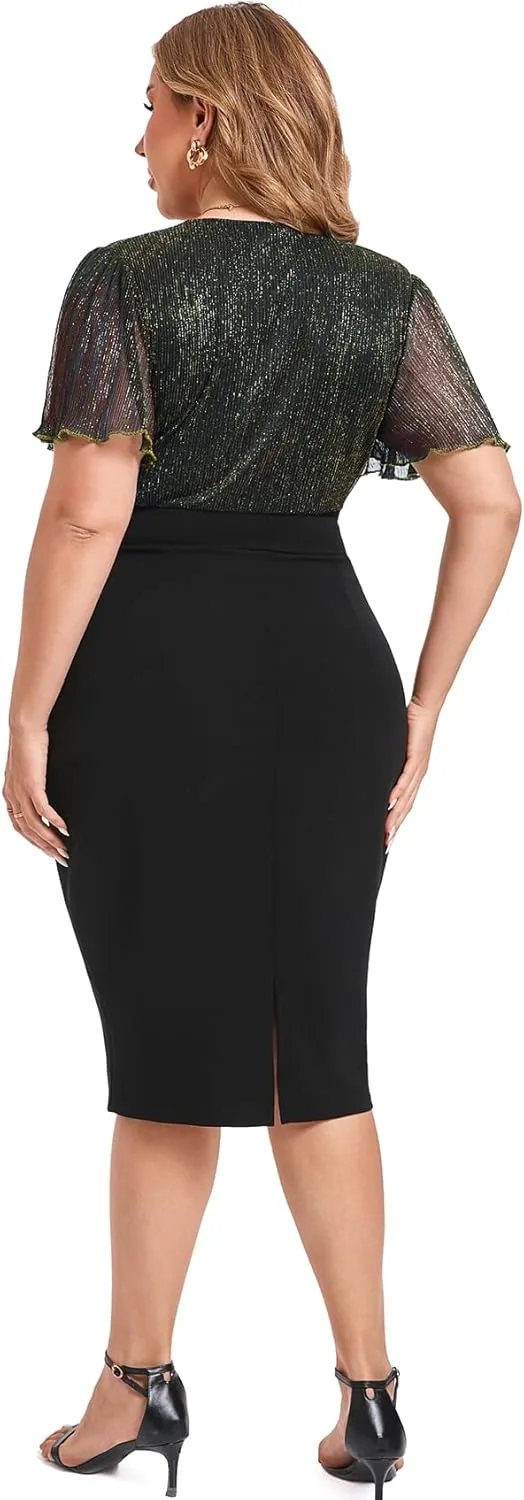 ZOMVA Plus Size Sparkly Bodycon Dress Ruffle Sleeve V Neck Wrap Midi Dresses Wedding Guest Business Work Cocktail Party
